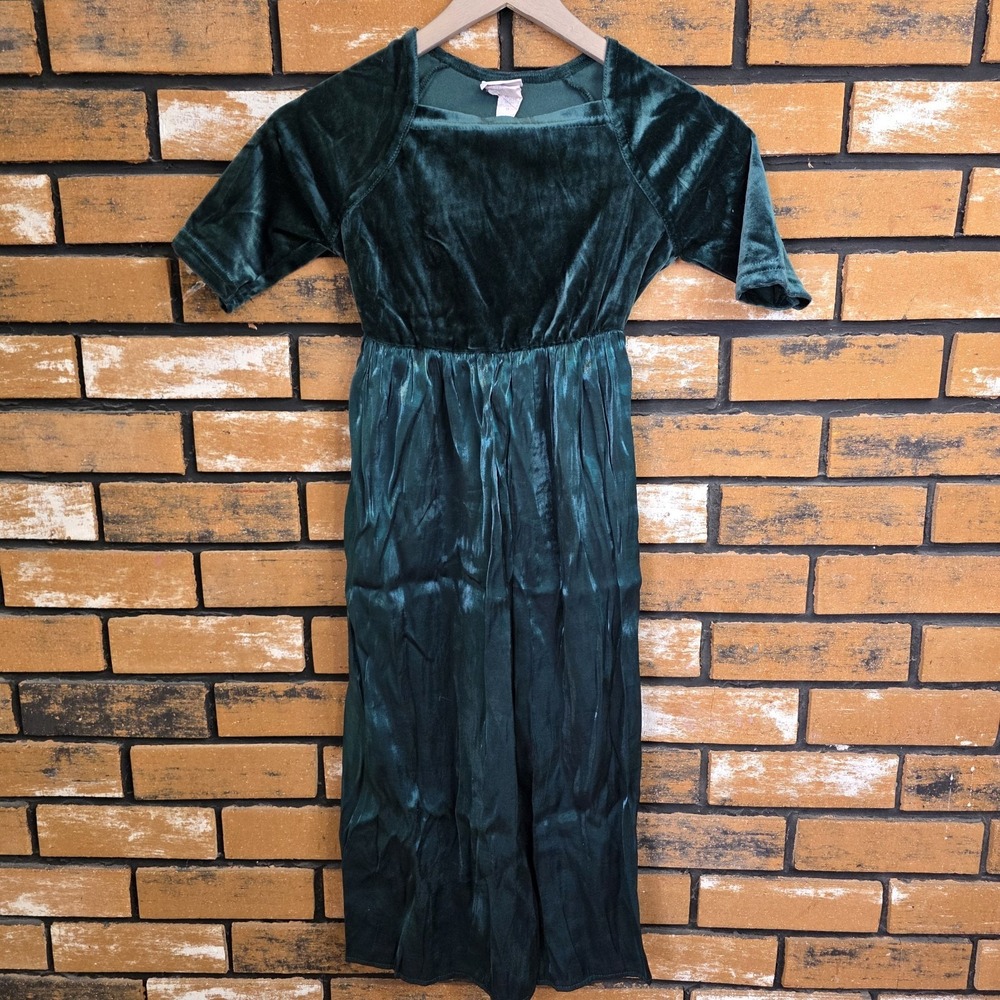 Rose Cottage Little Girls Size 10 90's Vintage Velvet Like Green Metallic Dress‎